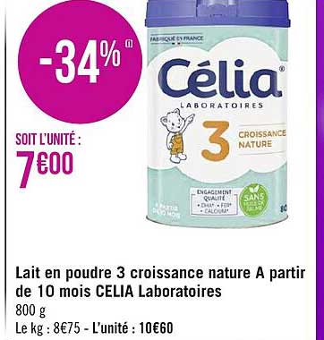 lait en poudre 3 croissance nature à partir de 10 mois célia laboratoires