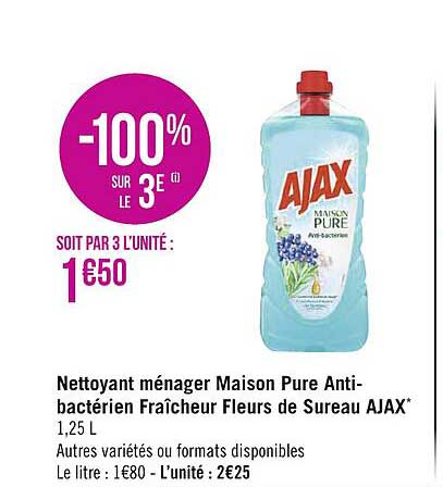 nettoyant ménager maison pure anti-bactérien fraîcheur fleurs de sureau ajax