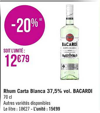 rhum carta blanca 37,5% vol. bacardi