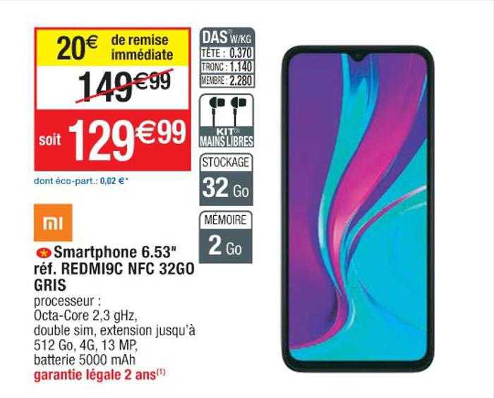 smartphone 6.53" redmi9c 32go gris
