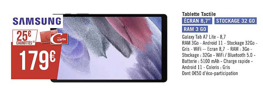 tablette tactile écran 8,7", stockage 32 go, ram 3 go samsung
