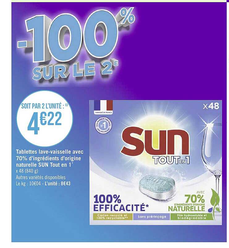 tablettes lave-vaisselle avec 70% d'ingrédients d'origine naturelle sun tout en 1