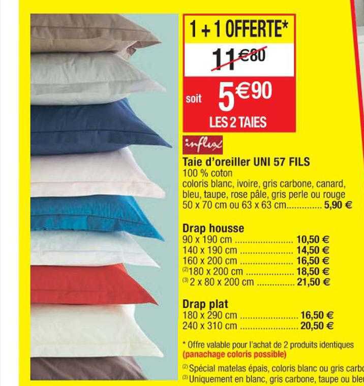 Taie D'oreiller Uni 57 Fils, Drap Housse, Drap Plat Influx