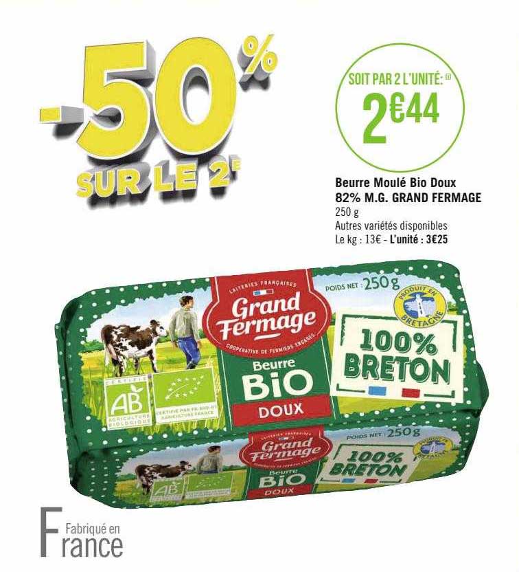beurre moulé bio doux 82% m.g. grand fermage