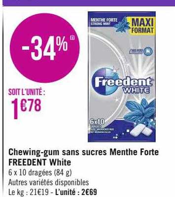 chewing-gum sans sucres menthe forte freedent white