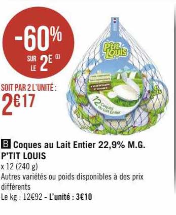 coques au lait entier 22,9% m.g. p'tit louis