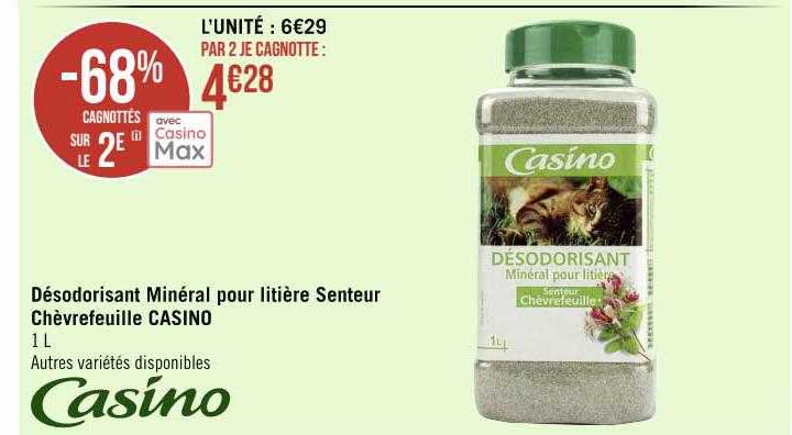 désodorisant minéral pour litière senteur chèvrefeuille casino