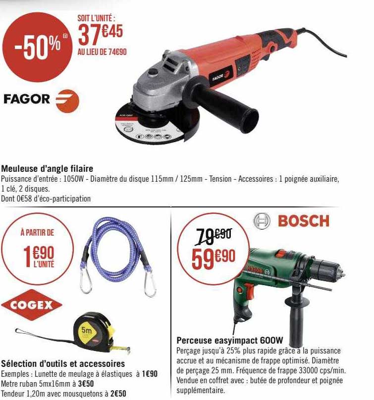meuleuse d'angle filaire fagor, sélection d'outils et accessoires cogex, perceuse easyimpact 600 w bosch