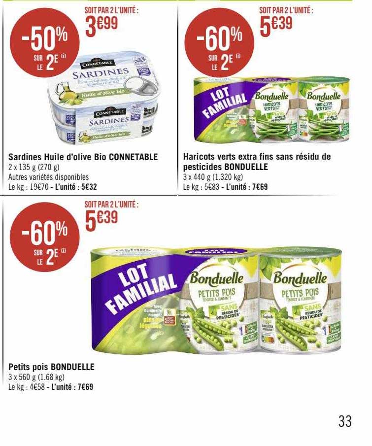 sardines huile d'olive bio connétable, haricots verts extra fins sans résidu de pesticides bonduelle, petits pois bonduelle