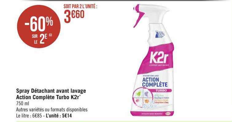spray détachant avant lavage action complète turbo k2r