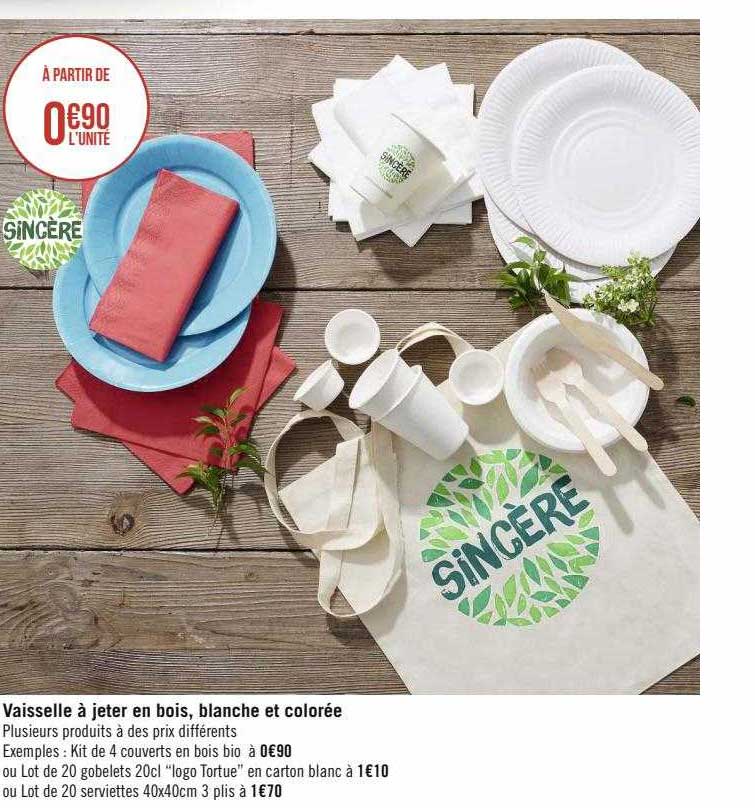 vaisselle à jeter en bois, blanche et colorée sincère