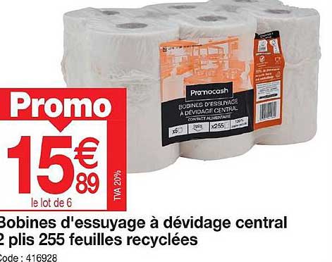 bobines d'essuyage à dévidage central 2 plis 255 feuilles recyclées