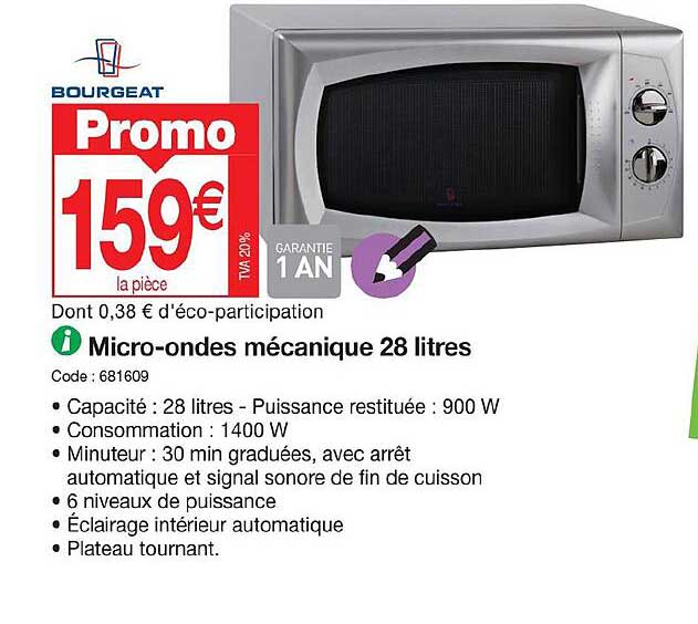 bourgeat micro-ondas mécanique 28 litres