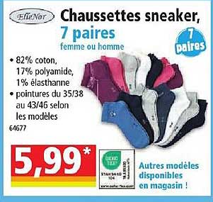 chaussettes sneaker, 7 paires femme ou homme elleNor
