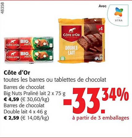 côte d'or barres de chocolat big nuts praliné lait barres de chocolat double lait