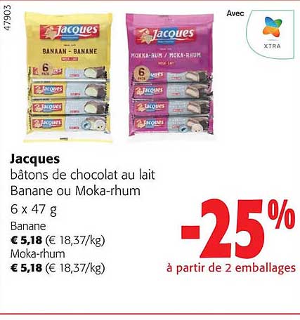 jacques bâtons de chocolat au lait banane ou moka-rhum