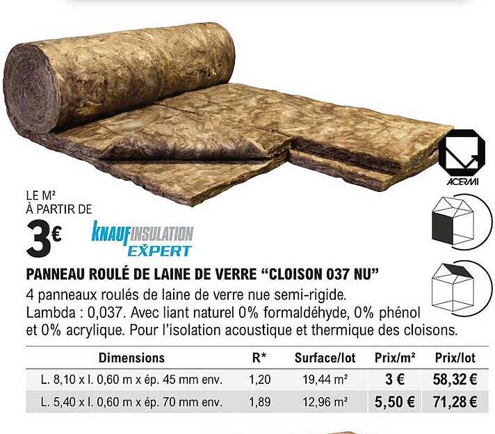 knauf insulation expert panneau roulé de laine de verre "cloison 037 nu"