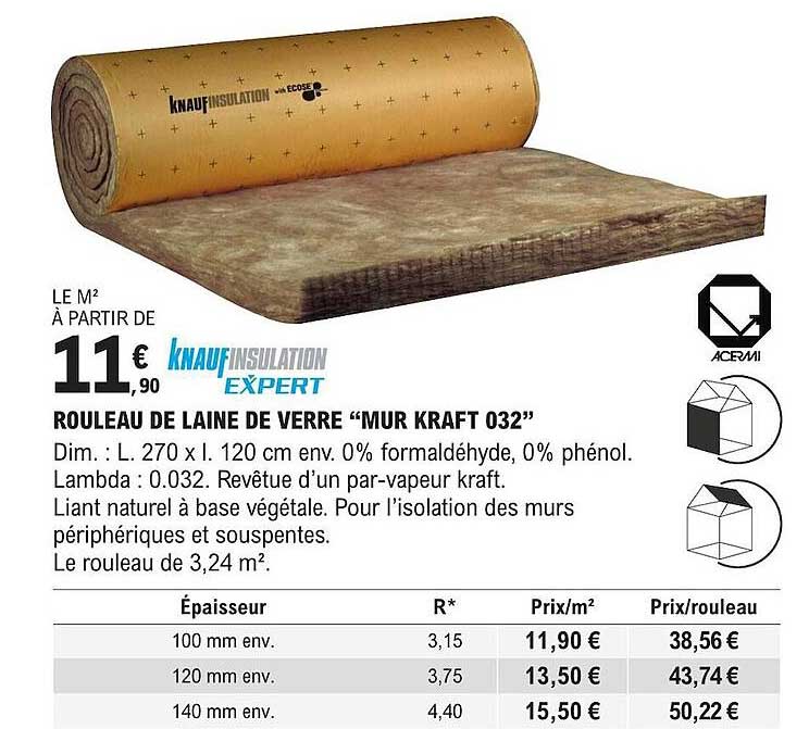 knauf insulation expert rouleau de laine de verre "mur kraft 032"
