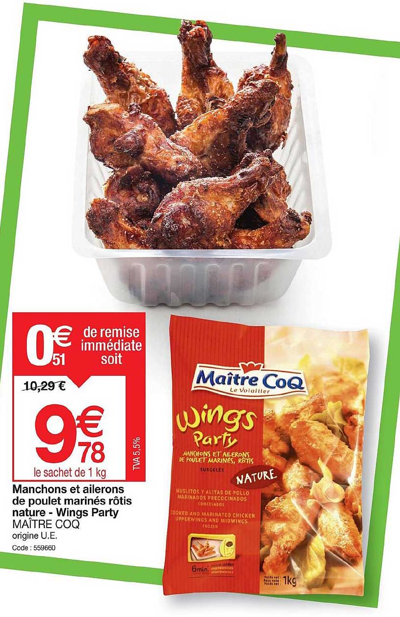 manchons et ailerons de poulet marinés rôtis nature - wings party maître coq
