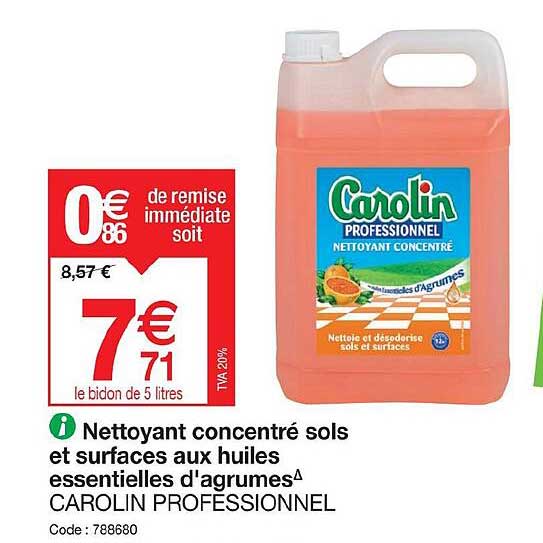 nettoyant concentré sols et surfaces aux huiles essentielles d'agrumes carolin professionnel
