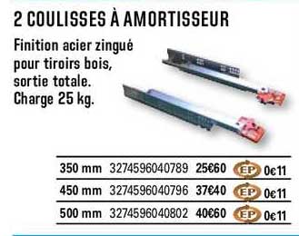 2 coulisses à amortisseur finition acier zingué pour tiroirs bois