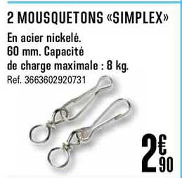 2 mousquetons simplex en acier nickelé