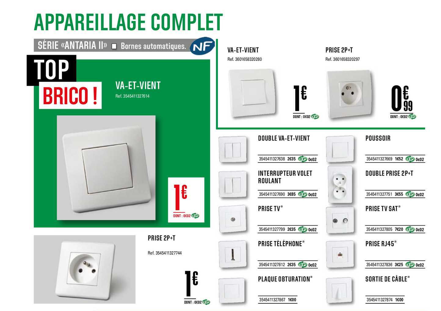 appareillage complet prise 2p+t va et vient nf
