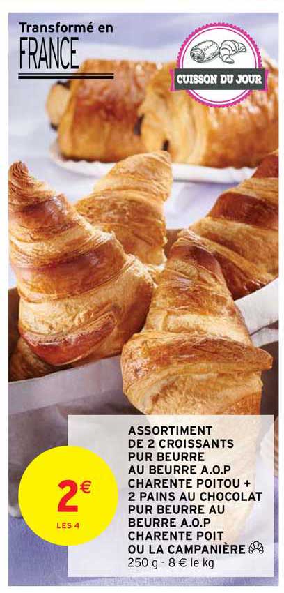 assortiment de 2 croissants pur beurre au beurre a.o.p. charente poitou + 2 pains au chocolat pur beurre au beurre a.o.p. charente poit ou la campanière