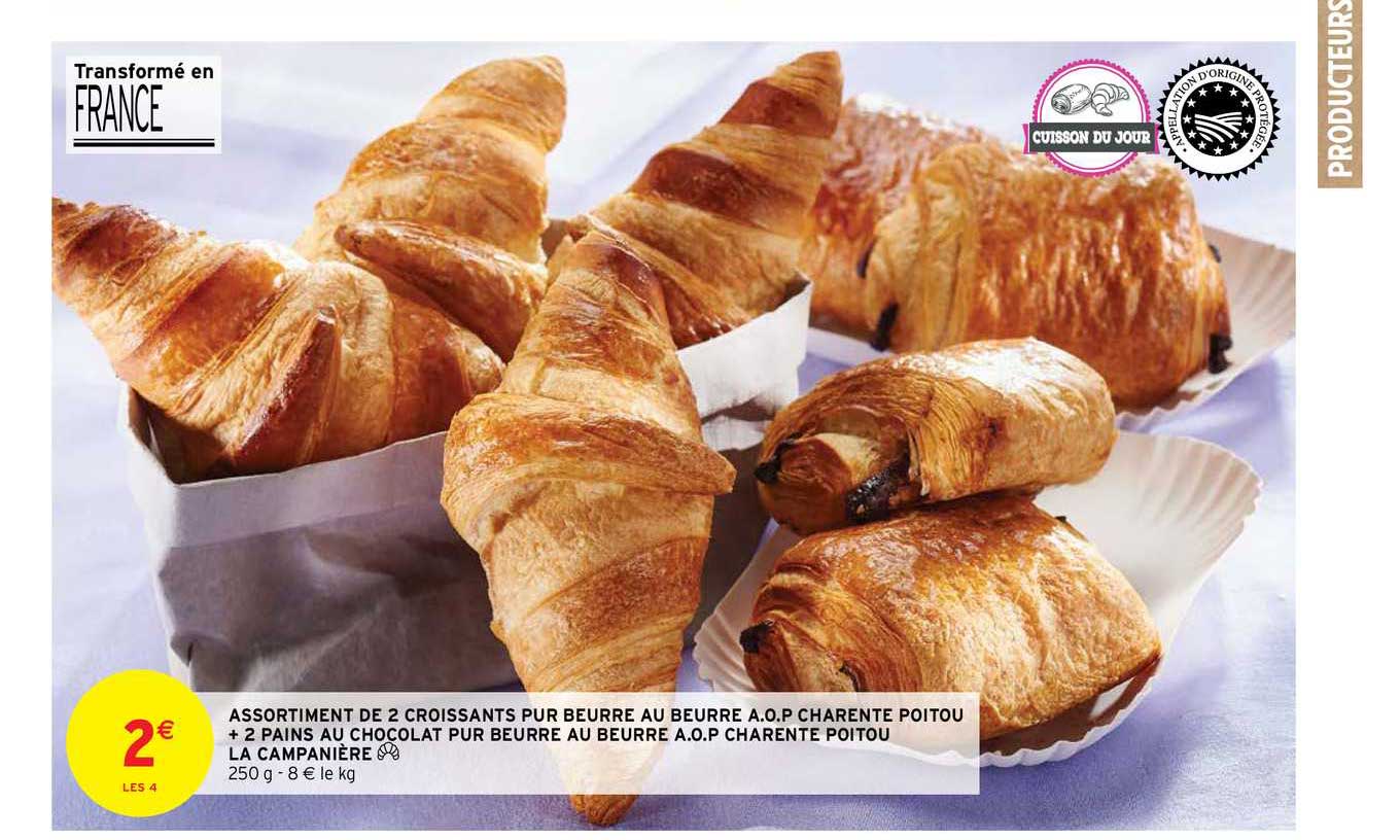 assortiment de 2 croissants pur beurre au beurre aop charente poitou + 2 pains au chocolat pur beurre a.o.p. charente poitou la campanière