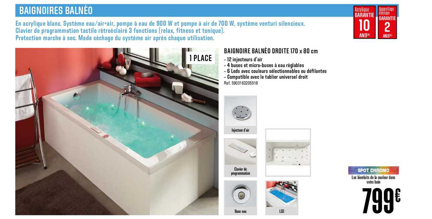 baignoire balnéo droite 170 x 80 cm