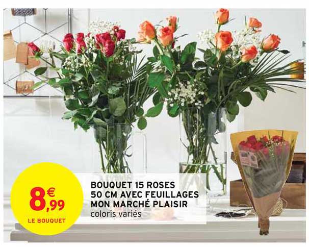 bouquet 15 roses 50 cm avec feuillages mon marché plaisir