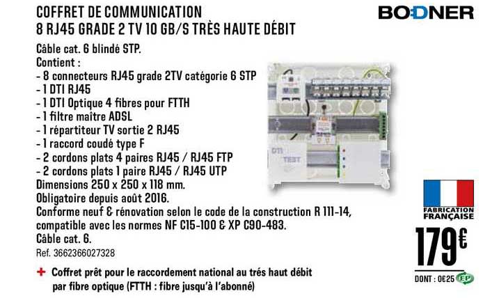 coffret de communication 8 rj45 grade 2 tv 10 gb s très haut débit bodner