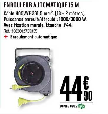 Enrouleur Automatique 15 M Câble H05vvf 3g1,5 Mm2