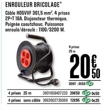 enrouleur bricolage câble hoevvf 3g1,5mm2. 4 prise 2p+t 16a disjoncteur thermique