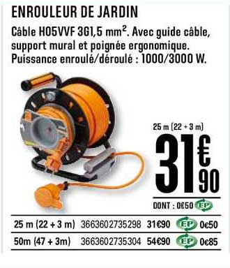 enrouleur de jardin câble h05vvf 3g1,5 mm2 avec guide câble support mural et poignée ergonomique