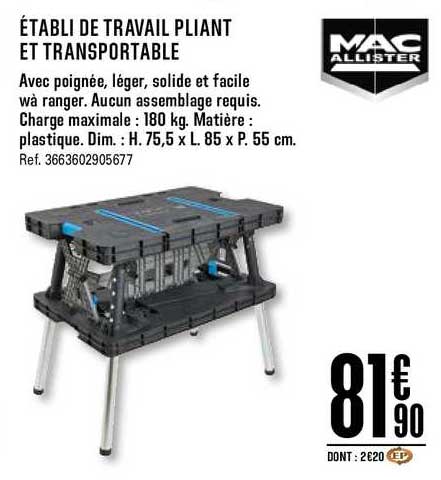 établi de travail pliant et transportable mac allister
