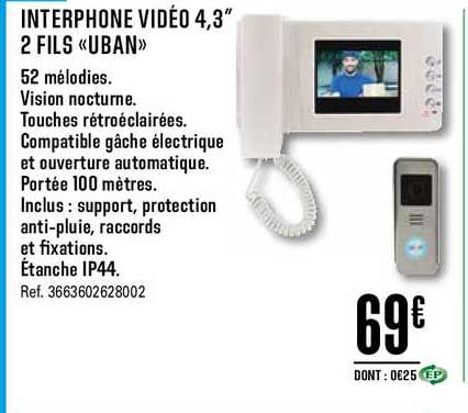 interphone vidéo 4,3" 2 fils uban