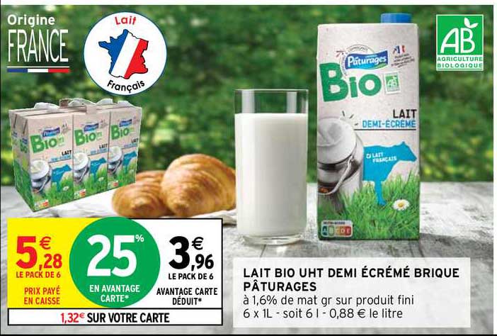 Lait Bio Uht Demi écrémé Brique Pâturages