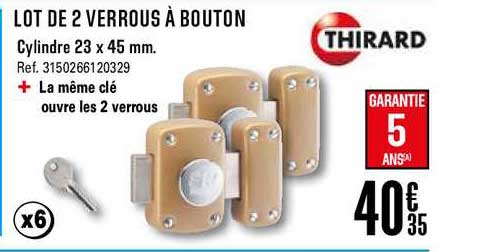 lot de 2 verrous à bouton cylindre 23 x 45 mm thirard
