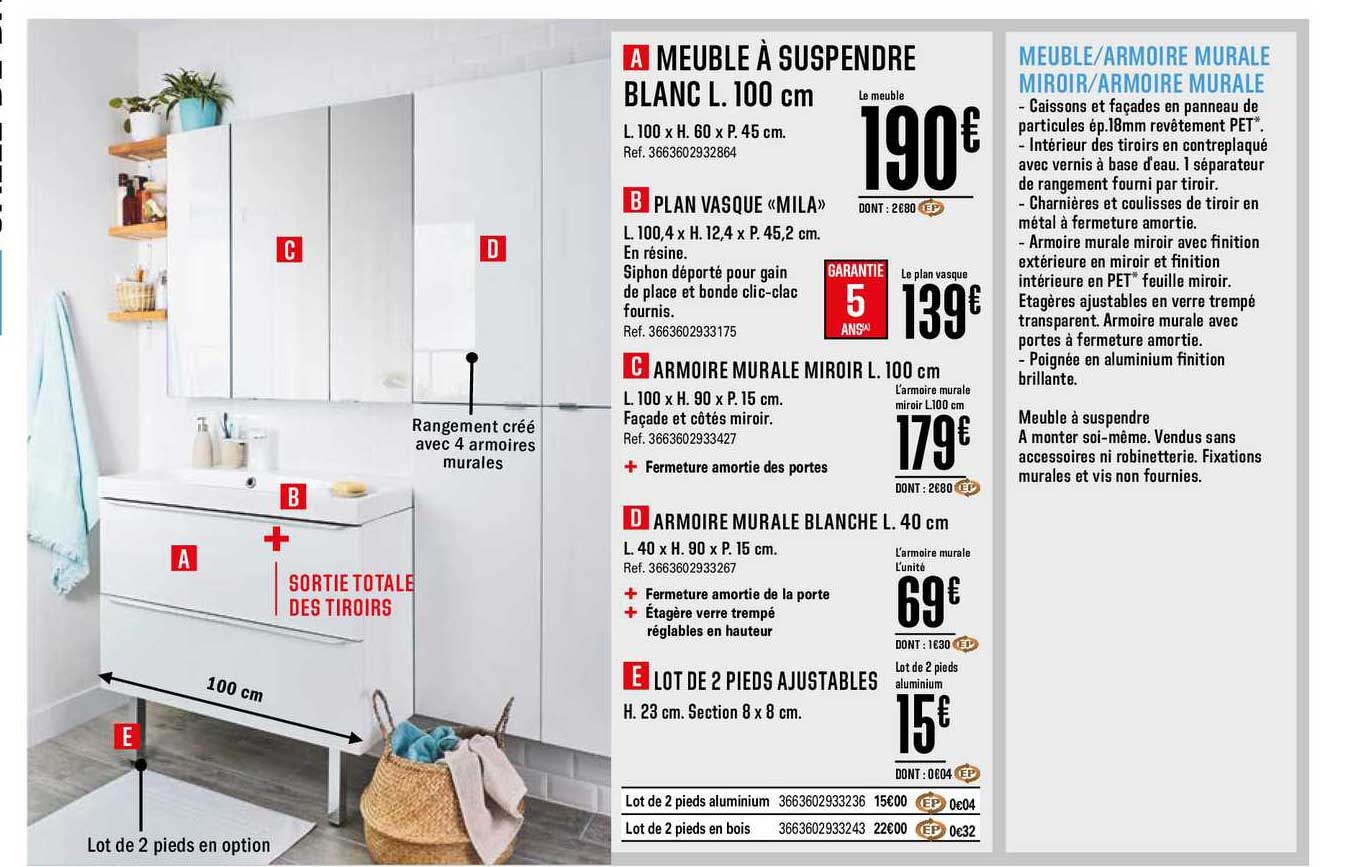 Meuble Armoire Murale Miroir Armoire Murale Meuble à Suspendre Blanc Plan Vasque Mila Armoire Murale Miroir Armoire Murale Blanche Lot De 2 Pieds Ajustables
