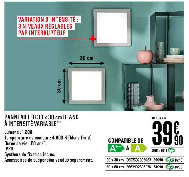 panneau led 30 x 30 cm blanc à intensité variable