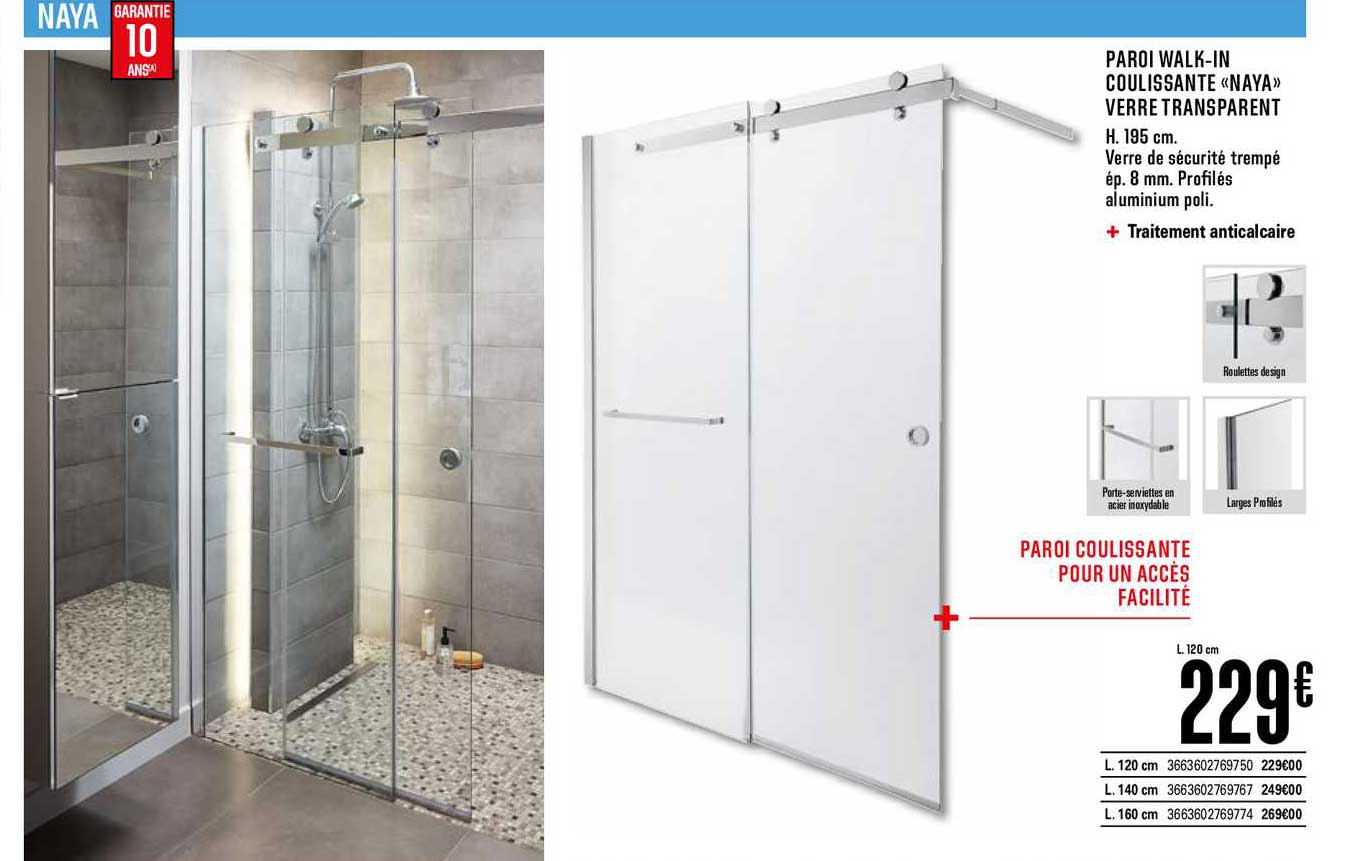 paroi walk in coulissante naya verre transparent