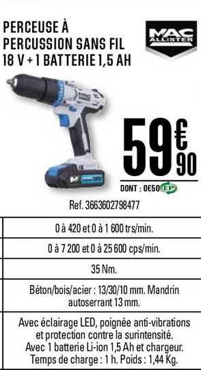 perceuse à percussion sans fil 18 v + 1 batterie 1.5 ah mac allister