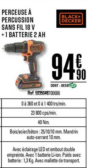 Perceuse à Percussion Sans Fil 18 V + 1 Batterie 2 Ah Black+decker