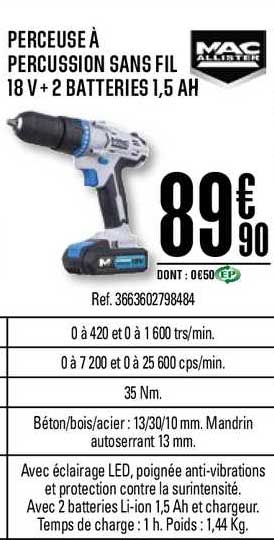 perceuse à percussion sans fil 18 v + 2 batteries 1.5 ah mac allister