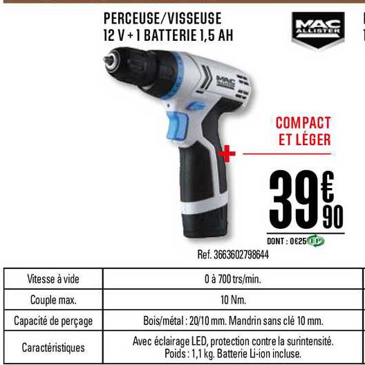 perceuse visseuse 12 v + 1 batterie 1.5 ah mac allister