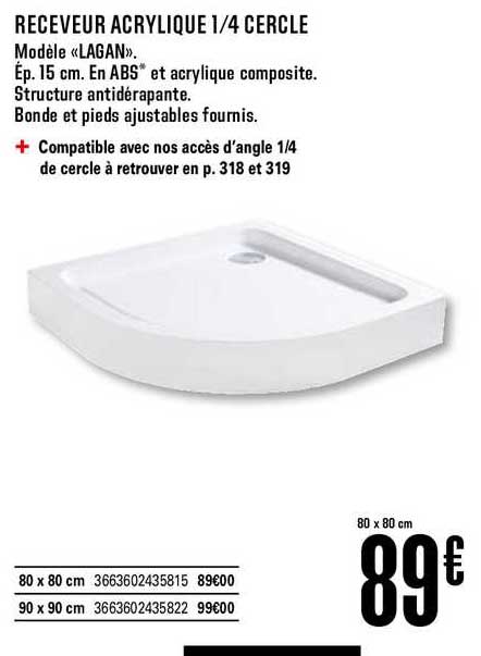 receveur acrylique 1 4 cercle