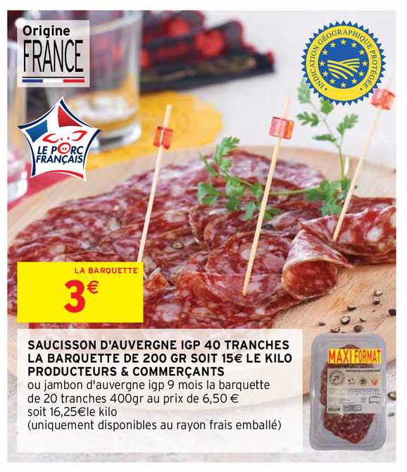 saucisson d'auvergne igp 40 tranches la barquette de 200 gr  producteurs & commerçants