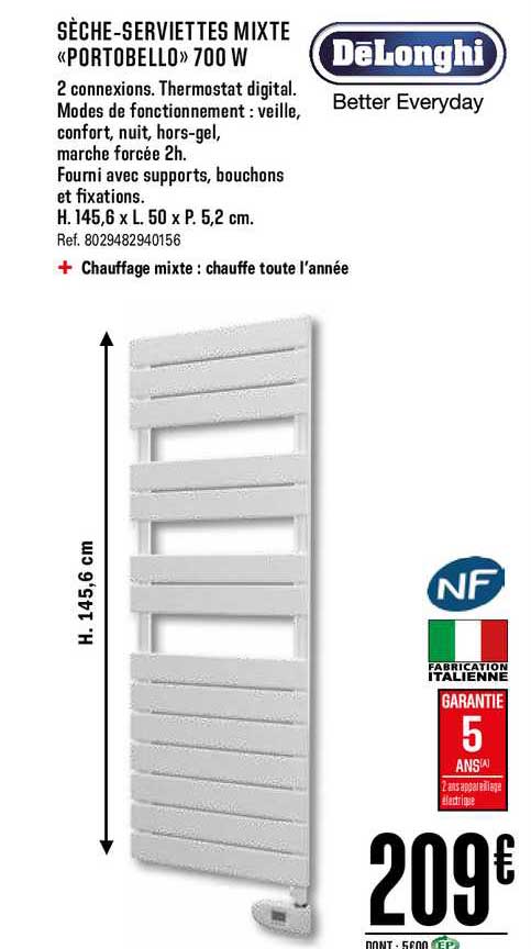 sèche serviettes mixte portobello 700w delonghi