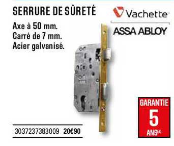 serrure de sûreté axe à 50 mm carré de 7 mm acier galvanisé vachette assa abloy